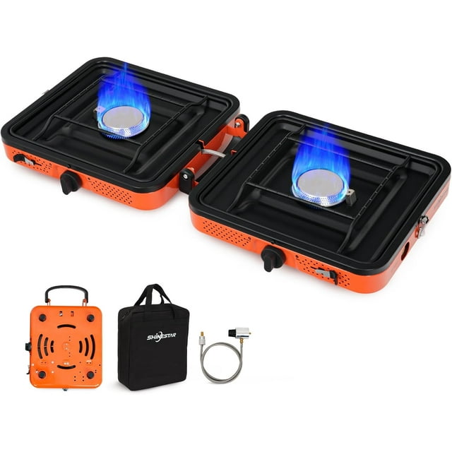 Dual-Burner Camping Stove with Carrying Bag, Foldable Portable Stove for Camping, 17000 BTU Camp Stove with 2 Adjustable Propane Burners, for Outdoor Cooking, RV Trips, or Emergencies