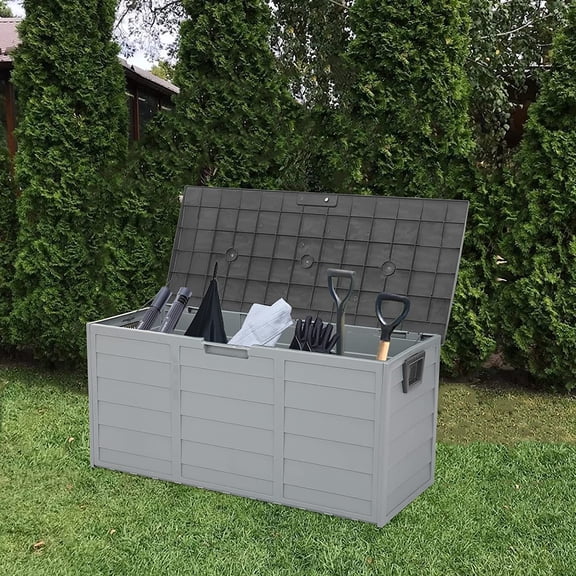 75 Gallon Deck Box with Wheels, 260L Resin Indoor Outdoor Storage Box Waterproof, UV Resistant Storage Bin for Pool Supplies, Cushions, Gardening Tools, Lockable Grey$$Garden &
