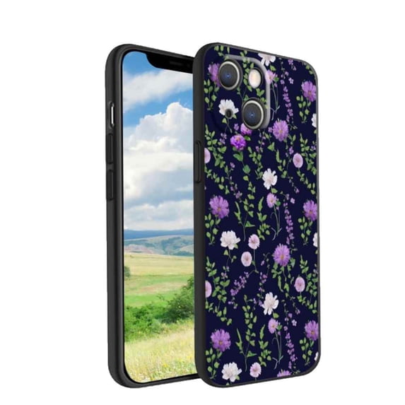 Pretty-floral-purple-boho-flowers-aesthetic-and-max-Cottagecore Phone Case, Degined for iPhone 13 Case Men Women, Flexible Silicone Shockproof Case for iPhone 13
