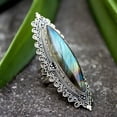 thumbnail image 2 of AYYUFE Retro Women Marquise Cut Faux Labradorite Inlaid Caved Finger Ring Jewelry Gift Metal White, 2 of 4