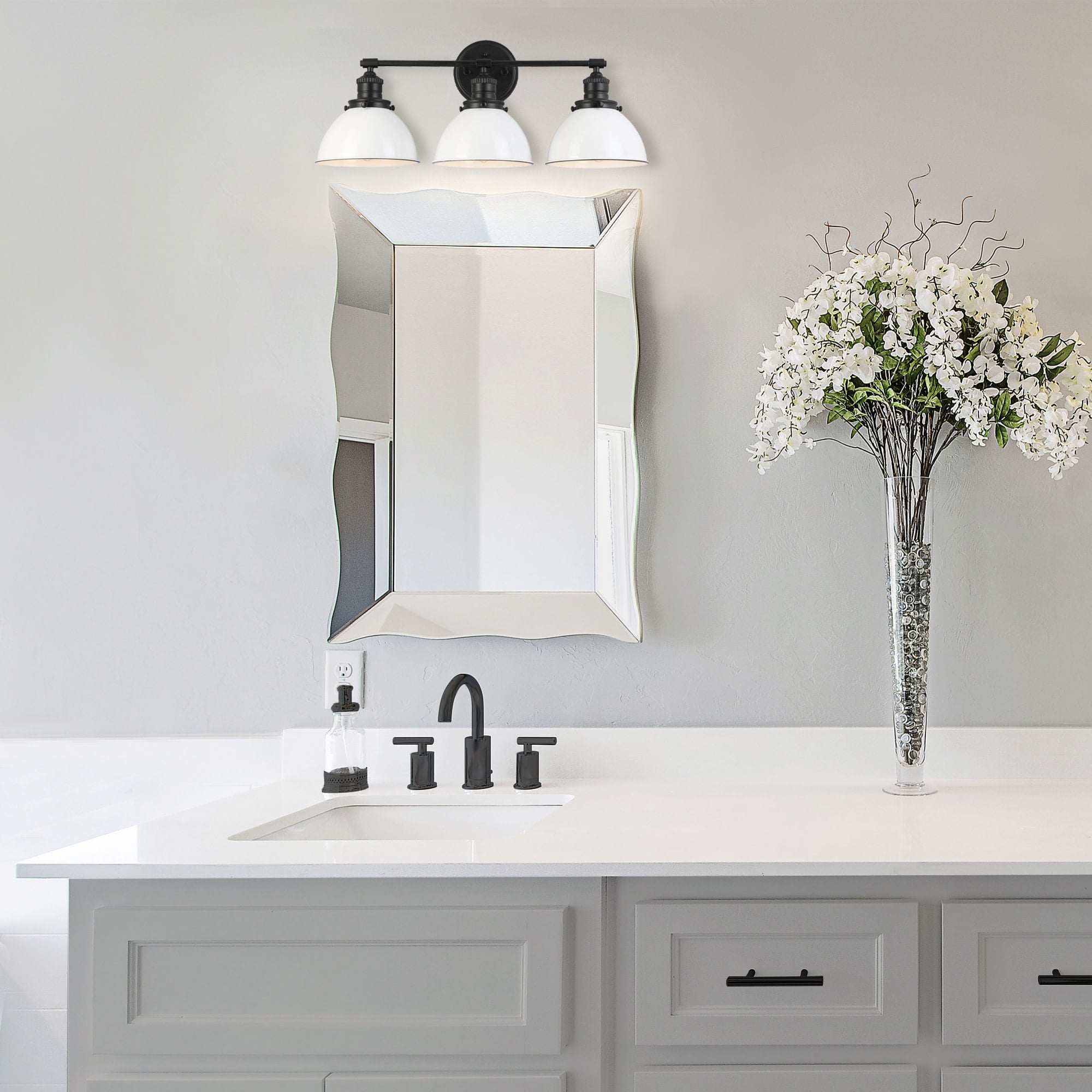 Savannah 3-Light Vanity Light, Matte Black Finish, White Metal Shades, Dimmable, Bathroom Wall Fixture – Design House, WM158830