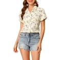thumbnail image 1 of INSPIRE CHIC Women's Notched Lapel Collared Button Up Short Sleeve Floral Shirt Beige L, 1 of 6