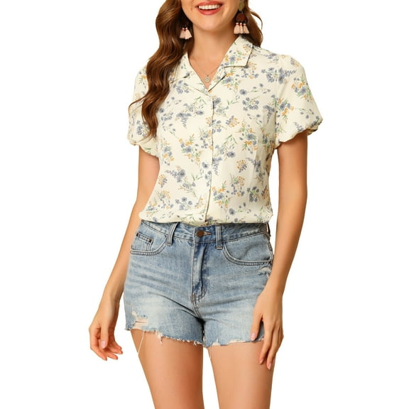 INSPIRE CHIC Women's Summer Casual Notched Lapel Button Up Short Sleeves Floral Shirt XS Beige