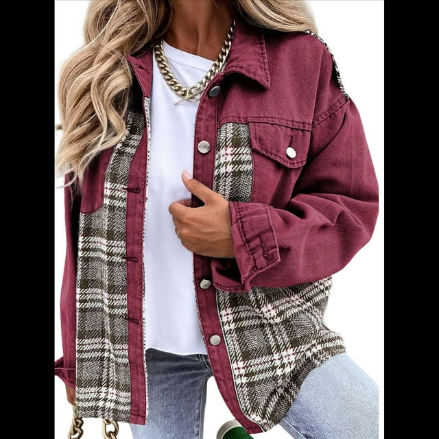 Chaqueta Vaquera Estilo Boyfriend, Informal, de Larga, con Botones y Bolsillos, para Mujer Rojo L