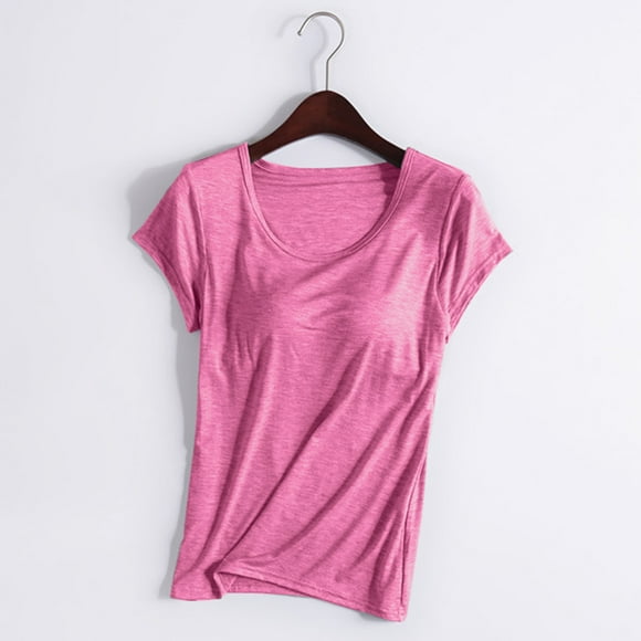 TIMIFIS Womens Modals Short Sleeve T-Shirt Summer Solid Color Crew Neck Pajama Tops Yoga Sports With Bra Pad Cup Loungewear