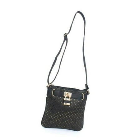 Black Messenger Shoulder Bag Beaute Bags Padlock Laser-Cut Vegan Leather Flat Crossbody Messenger Shoulder Bag Handbag (Black) ()