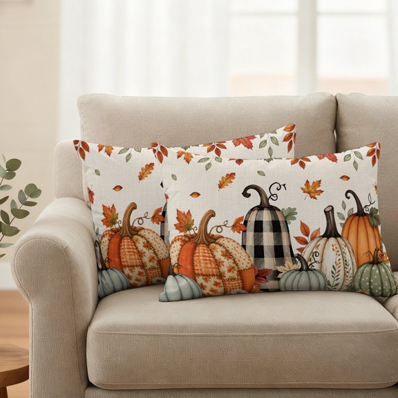 Outdoor Pillow Cover 20x12in Set of 2, Thanksgiving Pumpkin Orange Plaid Waterproof Decorative Throw Pillow Cover for Couch Sofa, Fall Maple Leaf Retro Linen Cushion Cases for Patio Garden