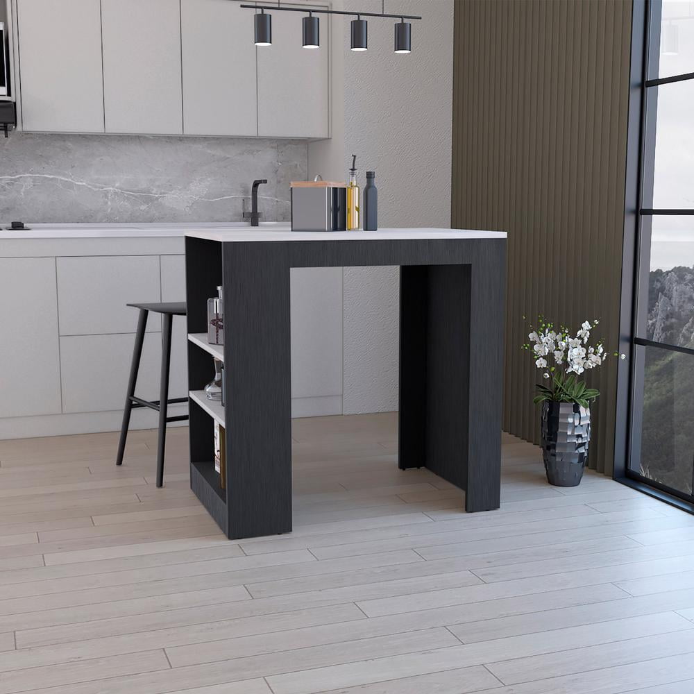 Depot E-Shop Kitchen Island, Kitchen Bar Table with 3-Side Shelves, Black / Ibiza Marble