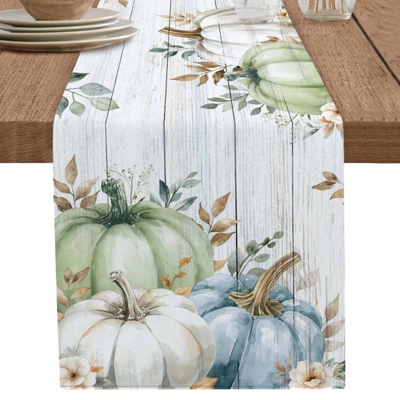 nqOlkjepod Green Blue Pumpkins Fall Table Runner 108 Inches Long Farmhouse Dress Scarves, Thanksgiving Eucalyptus Leaves Wooden Dining Tablerunner for Coffee Table/Kitchen Island/Party, 13"x108"
