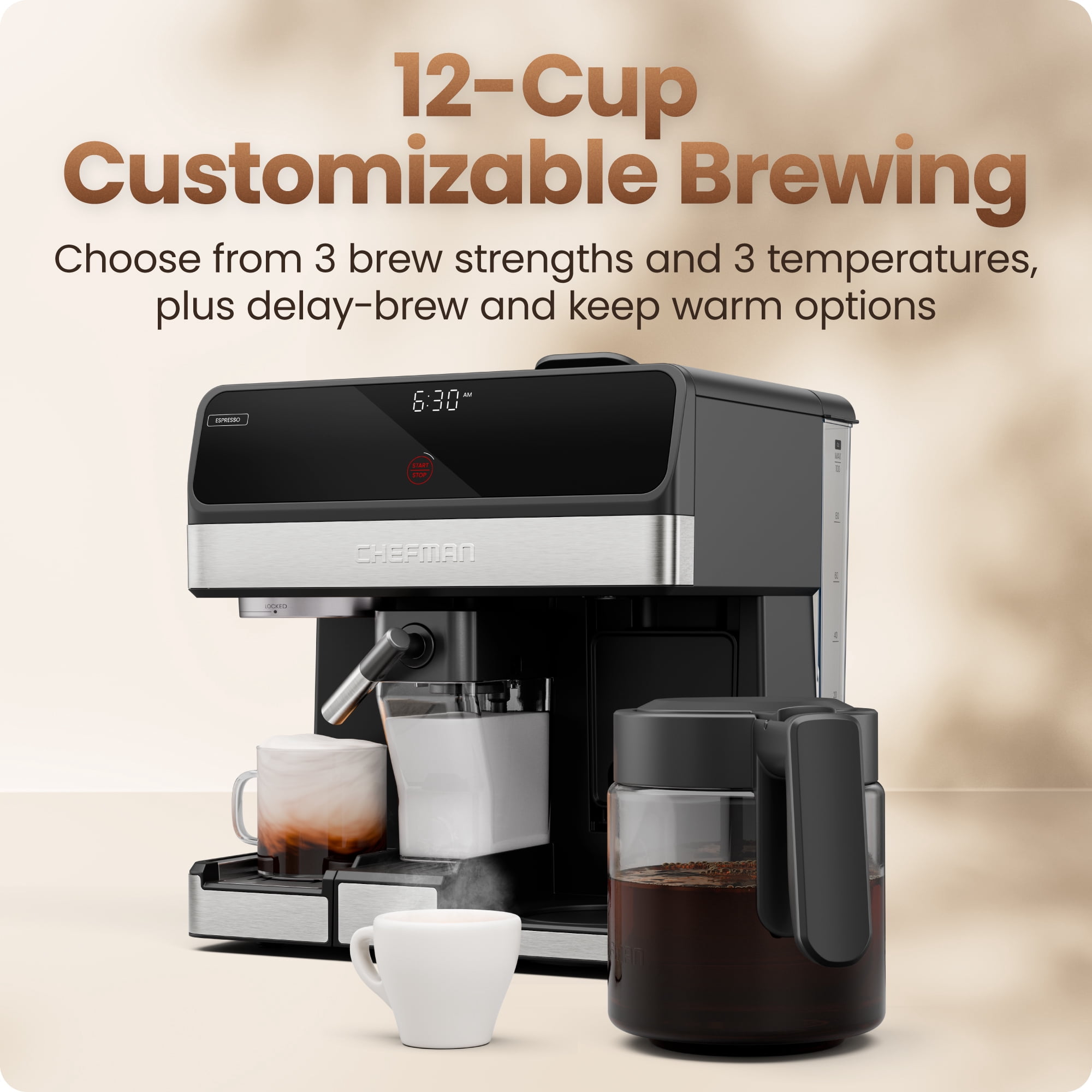 Chefman Coffee Station, Coffee Maker Espresso Machine Combo, Automatic Milk Frother – Black