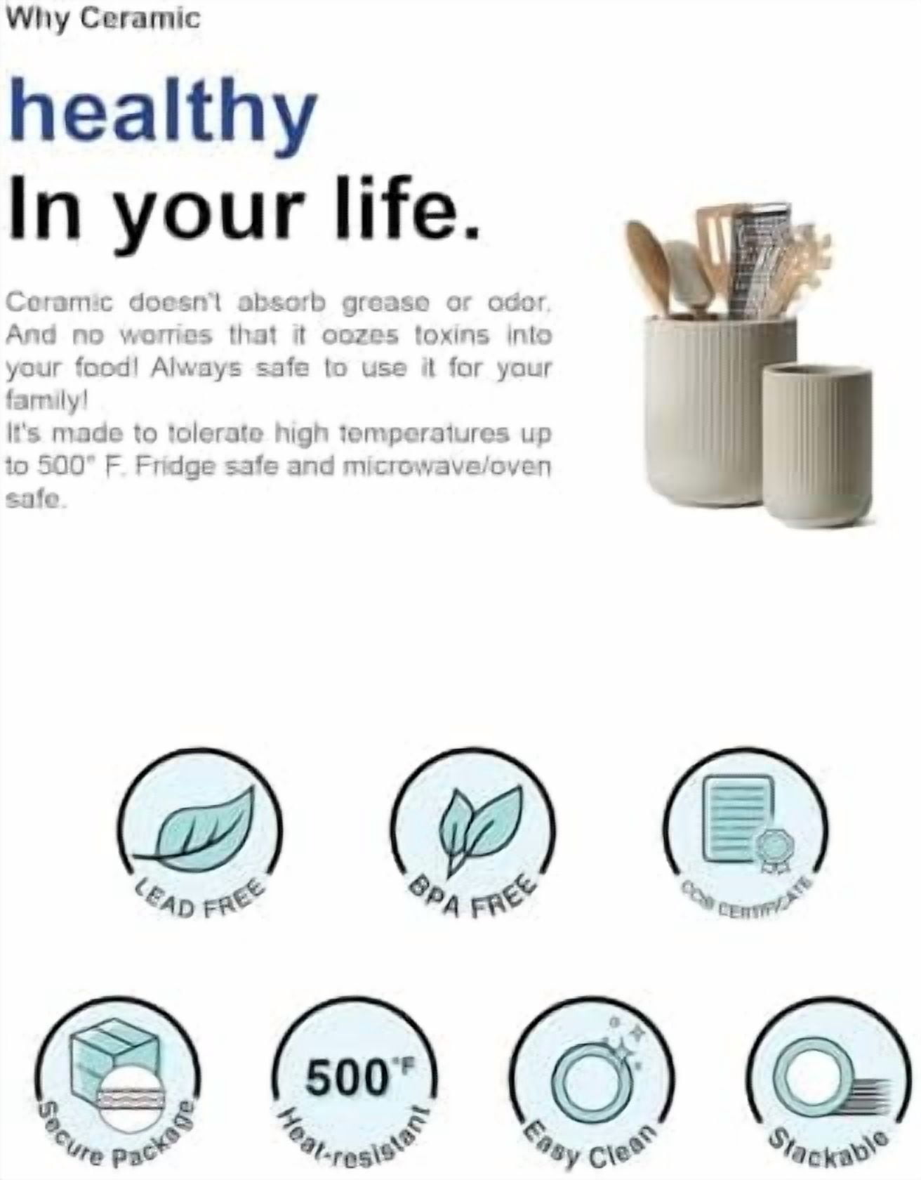 Utensil Holder for Kitchen Counter, 7.3"+5.4" Fluted Ceramic Utensil Crock Organizer for Countertop, Heavy Large Holder for Spatulas, Spoons, Set of 2, Oatmeal Greige
