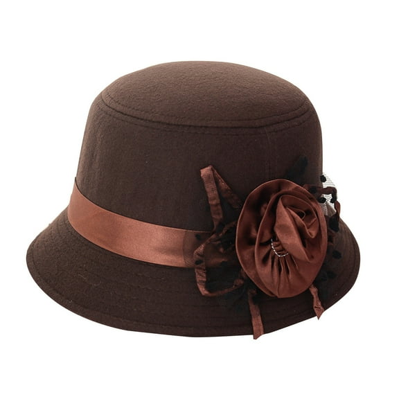 LIZUOJUN Women's Vintage British Wool Cloche Hat Winter Floral Fedora Bucket Hat Bowler Hats Retro Winter Dress Hat Brown One Size