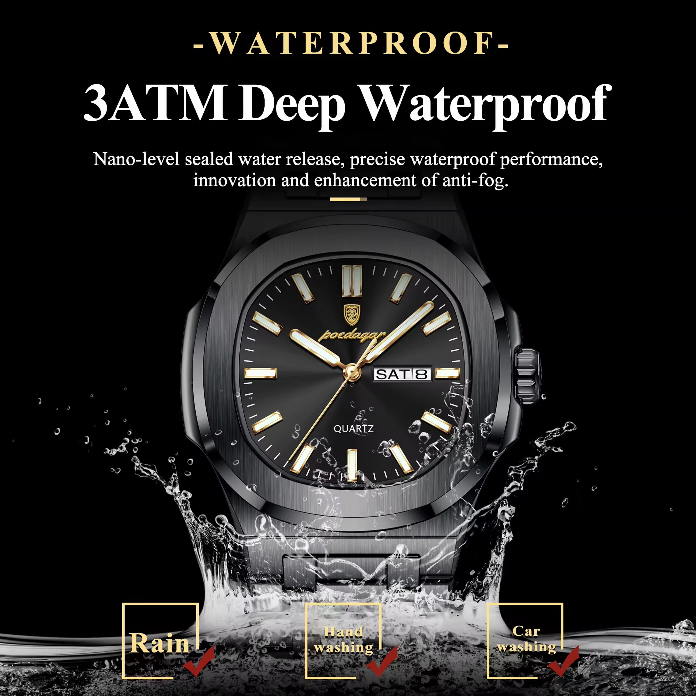 POEDAGAR Luxury Man Watch Square Waterproof Luminous Date Week Stainless Steel Quartz Men's Watches