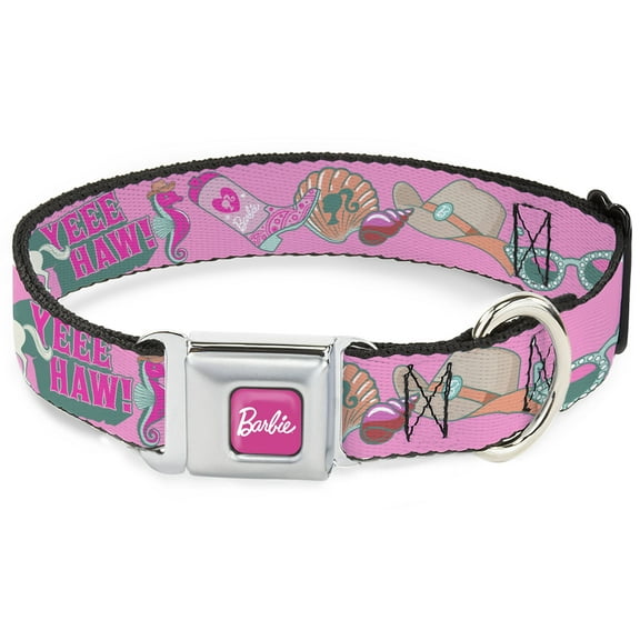 Mattel Pet Collar, Dog Collar Metal Seatbelt Buckle, Barbie Beach Cowgirl Icons Collage Pinks Blues, 9.5 to 13 Inches 1.0 Inch Wide