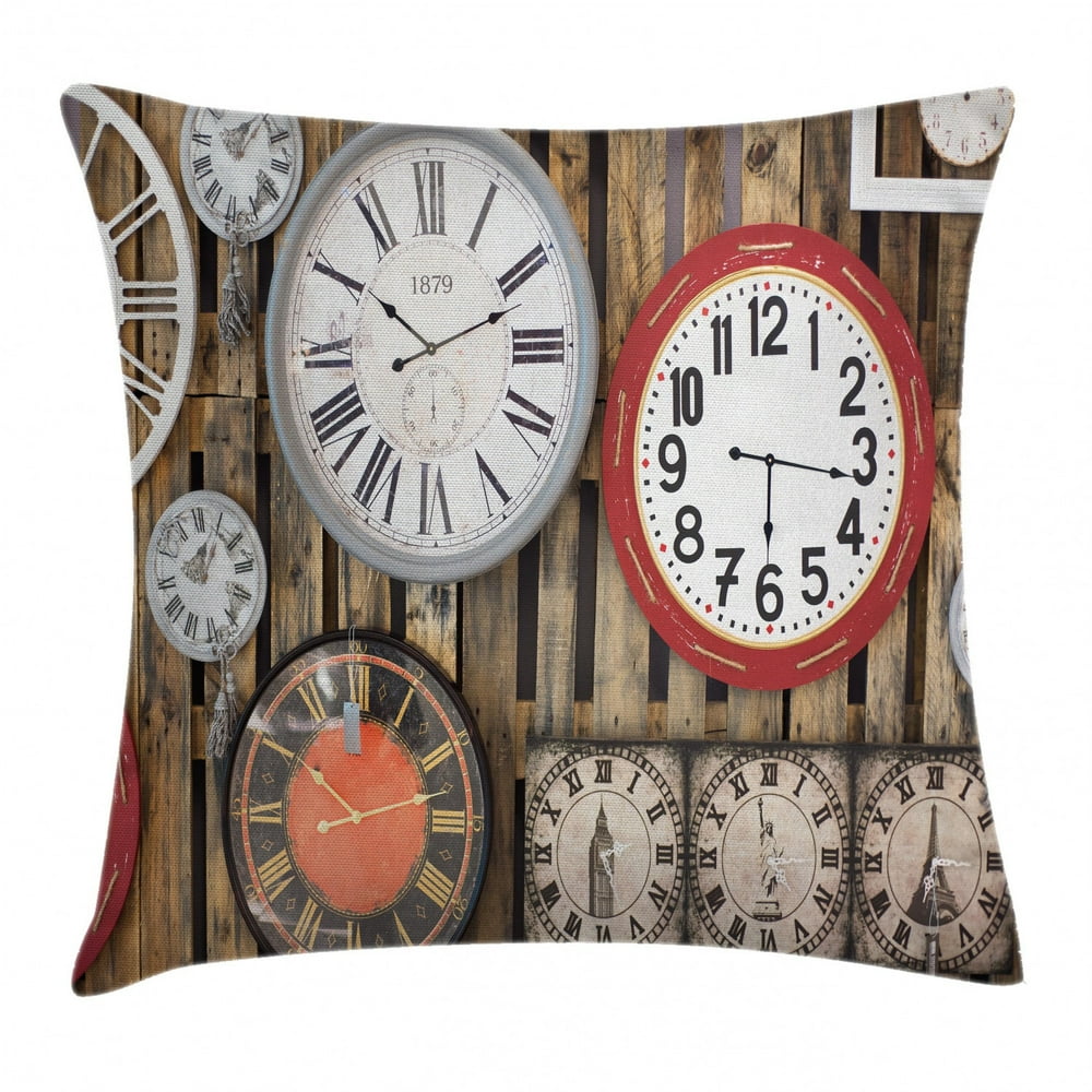 Clock Decor Throw Pillow Cushion Cover, Antique Clocks on the Wall