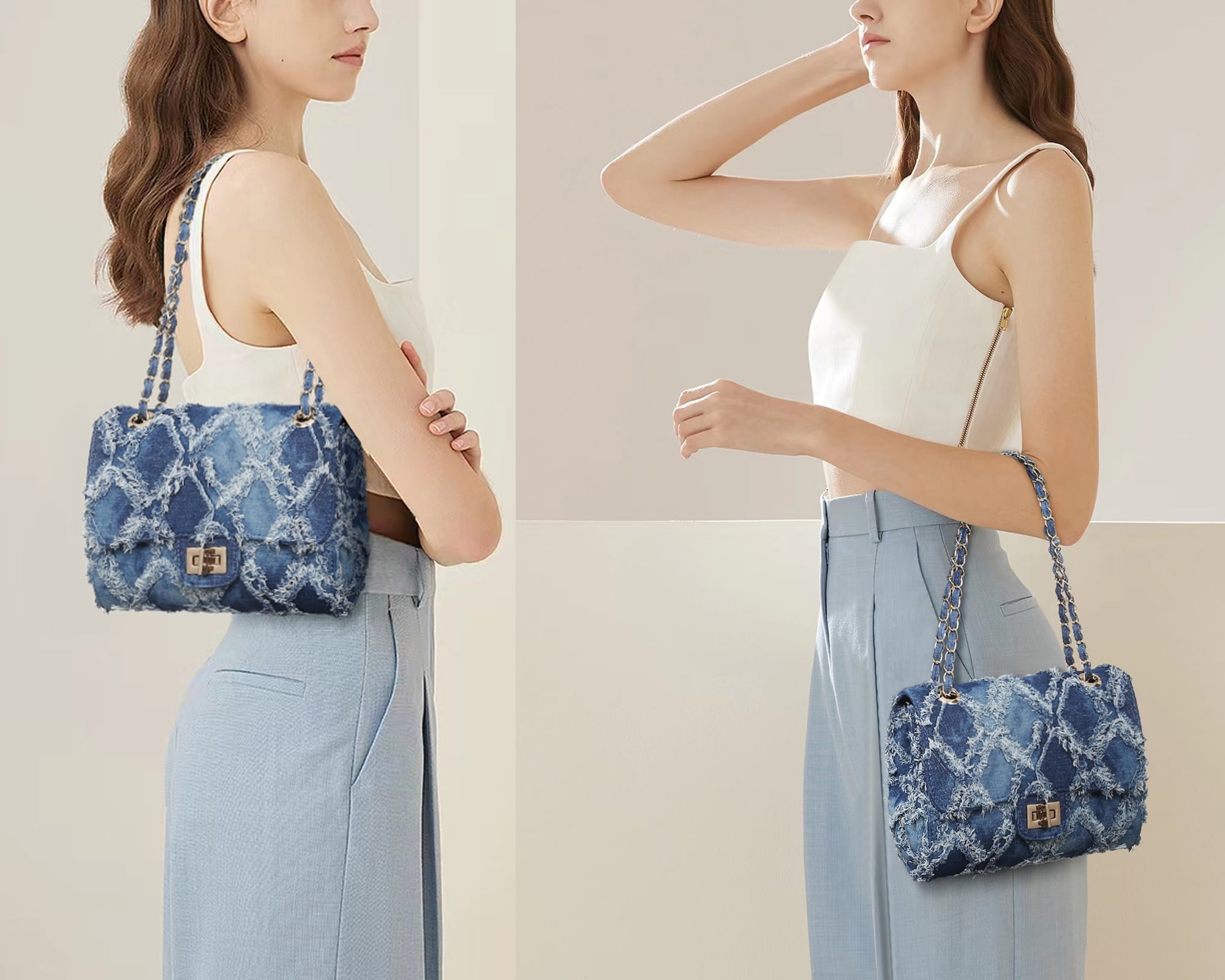 MKP Women Small Quilted Crossbody Shoulder Bag Casual Jean Denim Purse with Chain Strap