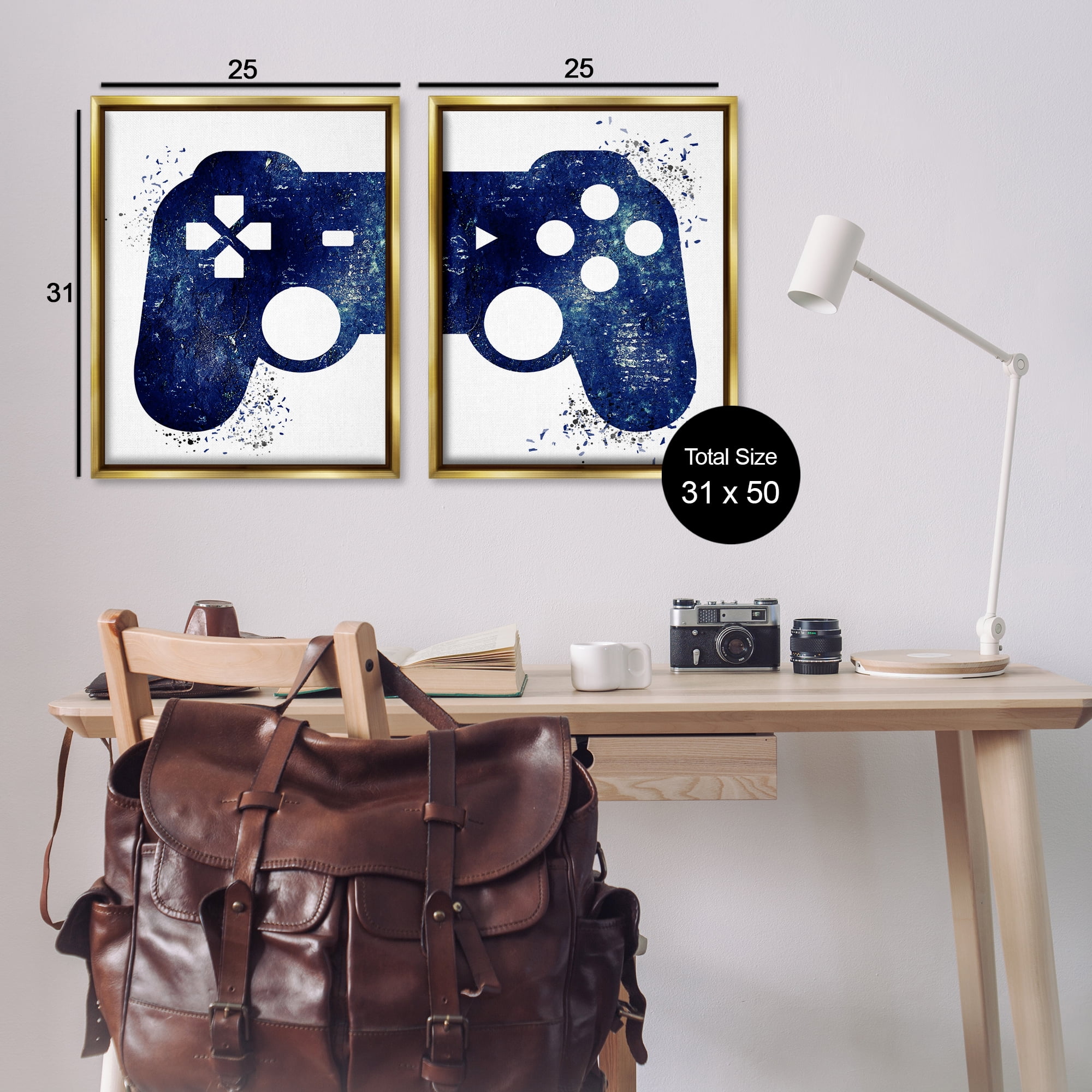 Stupell Industries Blue Controller Modern Speckles Entertainment Painting Gold Floater Framed Canvas Art Print Wall Art, 31 x 25, Set of 2