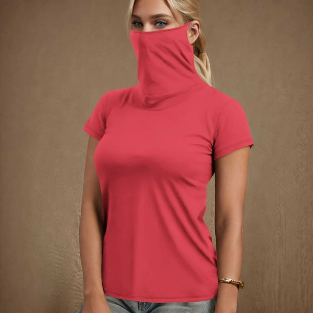 Clearance under 10!Sevevn Women's Summer Casual Solid Color Short Sleeve Solid Color Face Mask For Sun Protection Lightweight Tops Summer Gift Red XL