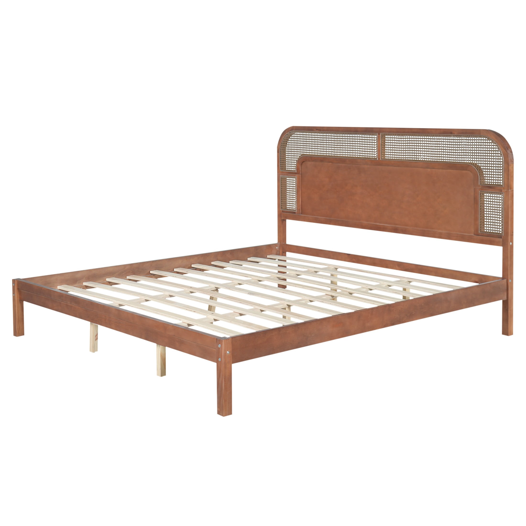 Christopher Knight Home Bohemian King Platform Bed with Rattan Headboard, Solid Wood Frame, Walnut