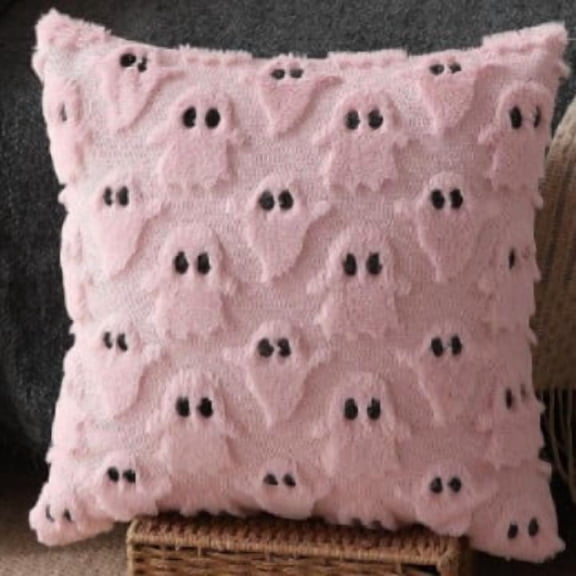 Halloween Decorations, Pink Fuzzy Ghost Halloween Pillow, Halloween Bedding Accent Throw Cushion Cover, 18X18 Plush Ghost Patterned Pillow Cover, Soft 45X45Cm Zip Closure Pillow