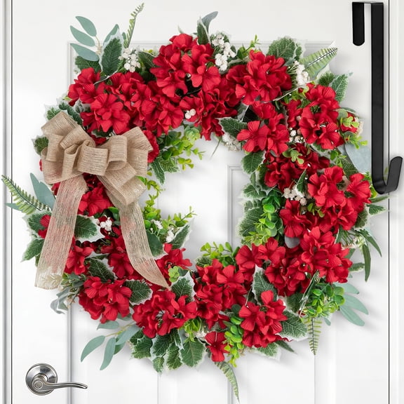 NUPTIO 24 Inch Artificial Silk Geranium Wreath for Front Door - Summer Red Flowers with Vibrant Greenery Bow - Realistic Spring Wreaths for Outdoor Porch Wall Window Farmhouse Decor