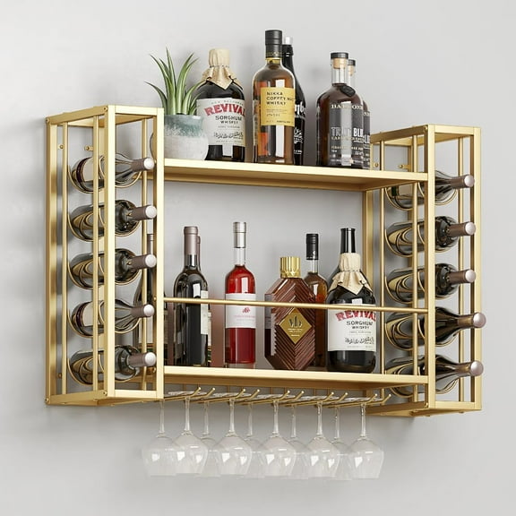 Wall Mount Wine Rack, Metal Liquor Shelves with Glass Holder, Wine Display Storage for Home Bar, Kitchen, Dining Room, Space-Saving, Stylish & Durable Design, Gold