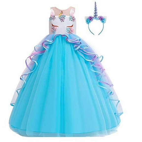 Girl Unicorn Party Princess Dress Rainbow Tulle Long Wedding Gown Birthday Kids Clothes WITH HEADBAND