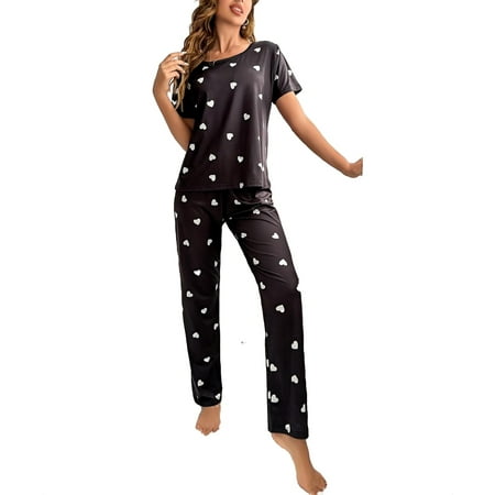 

Women s Pajama Sets Black Cute Heart Round Neck Pant Sets Short Sleeve