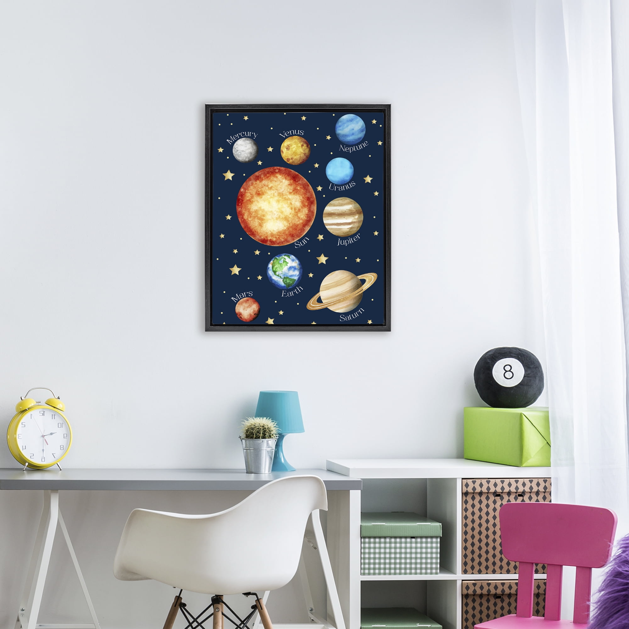 Educational Solar System Space Black Framed Floater Canvas Wall Art, design by Christine Simpson Art