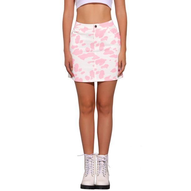 Faldas cortas casuales de vaquero para mujer Inspire Chic, de cintura alta, con estampado de vaca, color rosa, talla XS