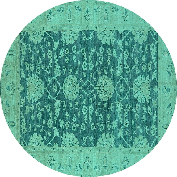 Ahgly Company Machine Washable Indoor Round Oriental Turquoise Blue Industrial Area Rugs, 3' Round