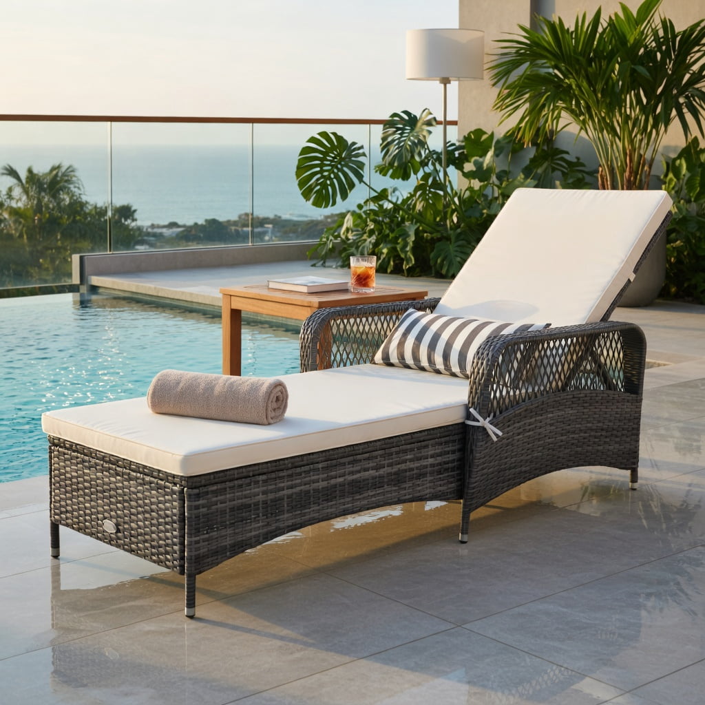 Hommoo Outdoor Chaise Lounge Chair with 6-Position Reclining Backrest, Gray PE Rattan, Heavy-Duty Metal Frame, Poolside Patio Lounger, Off-White