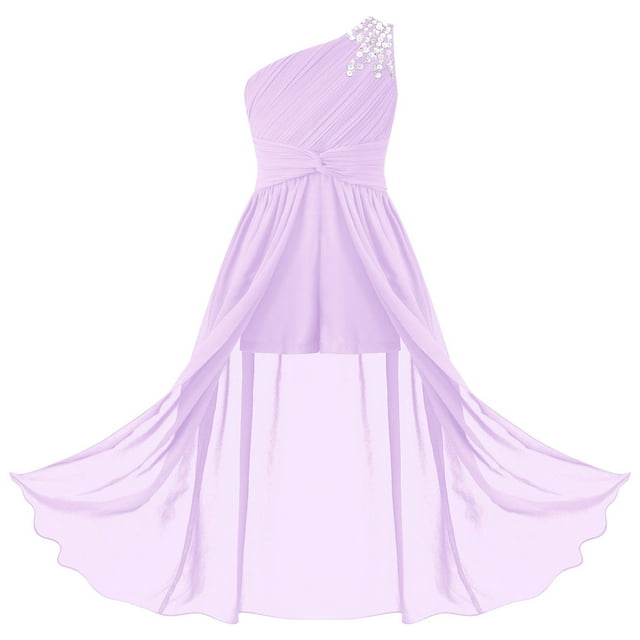 Linjinx One Shoulder Dress for Girls Kids Formal Romper Dance Gown Ruched A-line Long Wedding Dresses Lavender 8