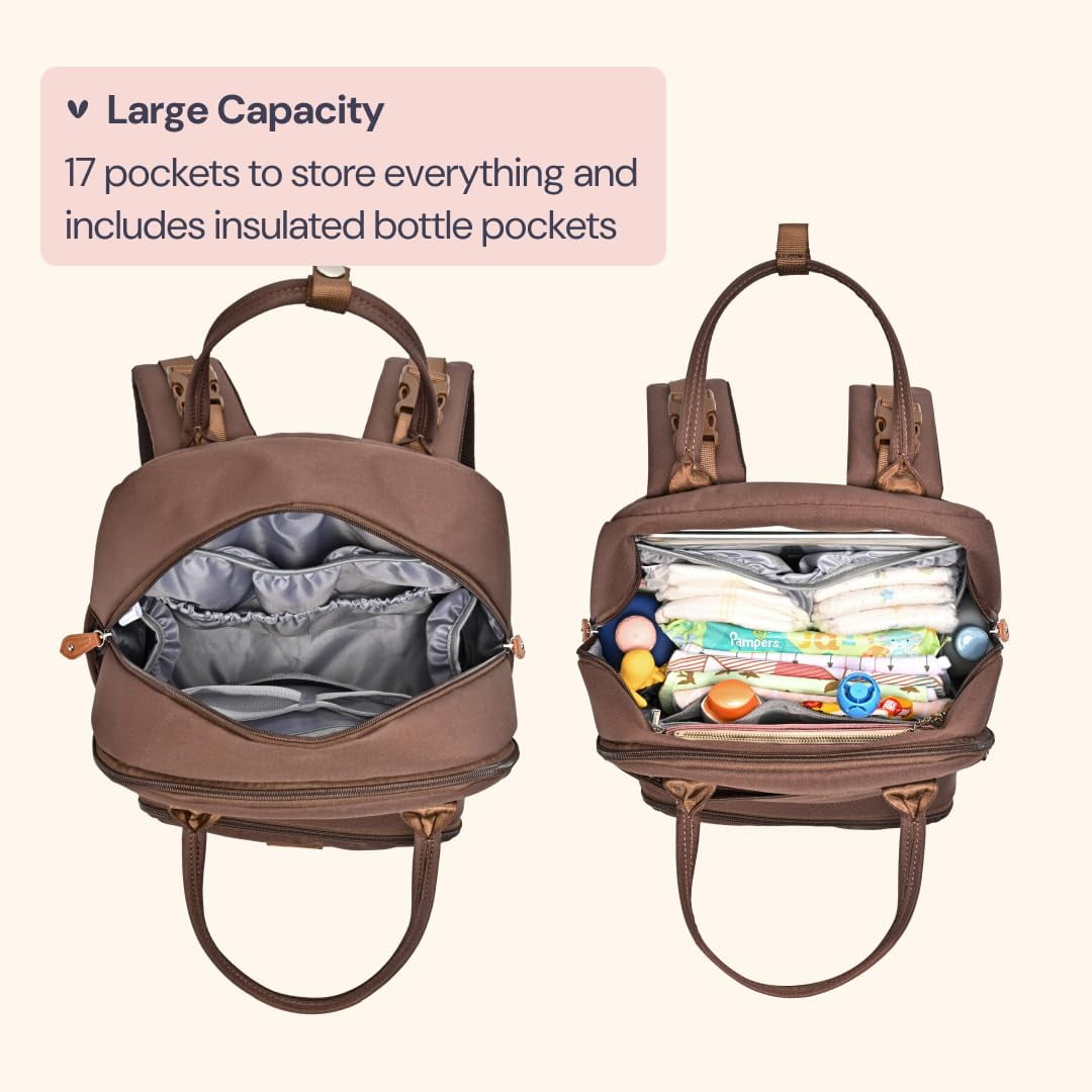 BabbleRoo Diaper Bag Backpack, Waterproof Original Backpack with Premium Changing Pad Set –Coffee