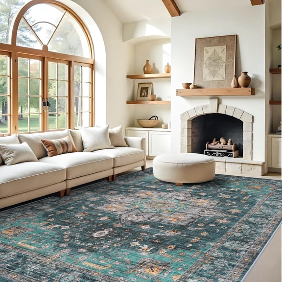 YOUFORTONG 9 x12 Vintage Washable Area Rug,Large Stain Resistant Carpet with Non Slip Backing for Living Room Bedroom Home Decor,Teal