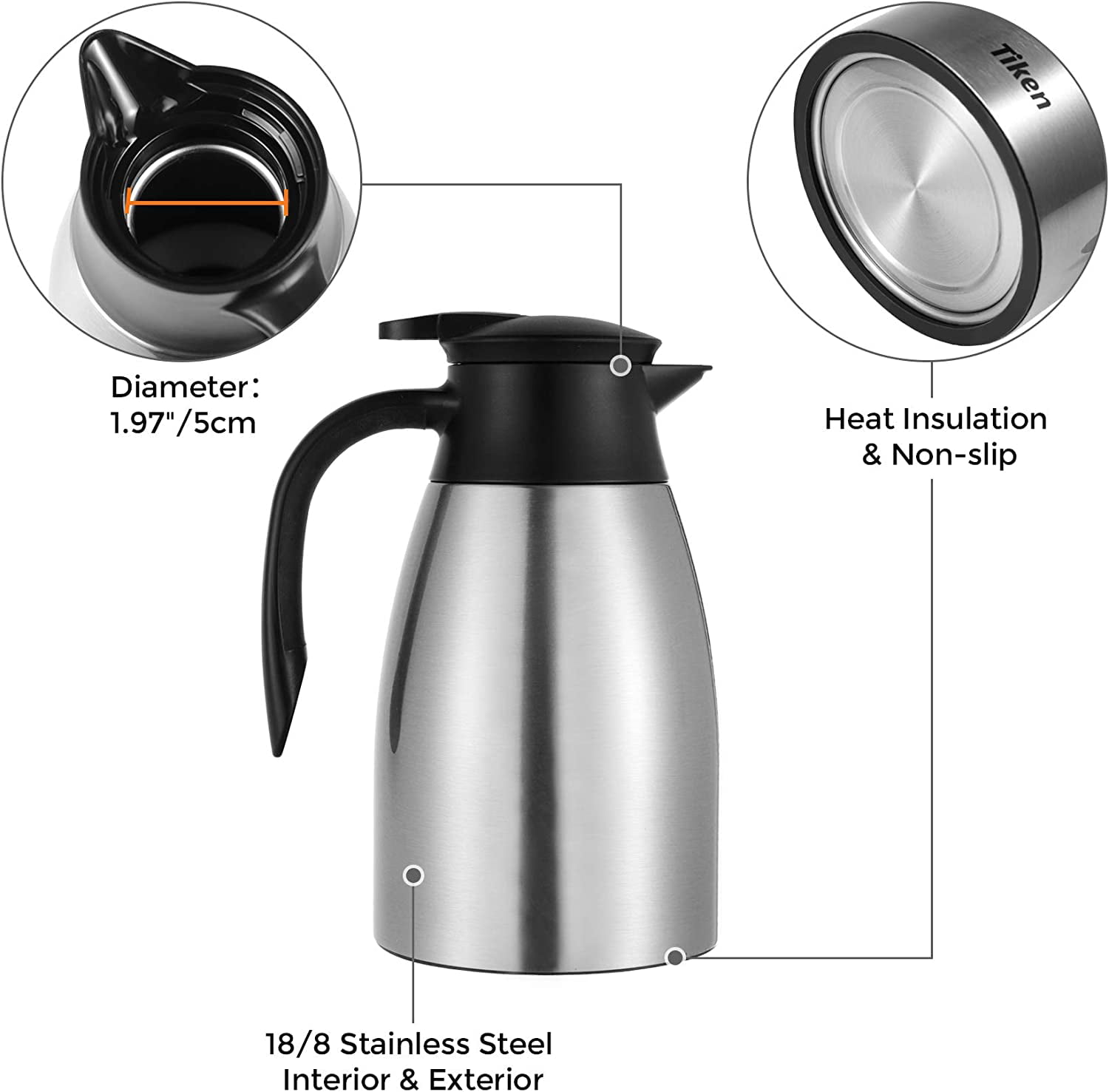 Thermal Coffee Carafe Dispenser 51 Oz/ 1.5 L - Double Wall Vacuum Insulated  Stainless Steel Server - Creamer Water Tea Beverage Pitcher - Lab-Tested Hot  and Cold Flask Jug With FREE Brush 