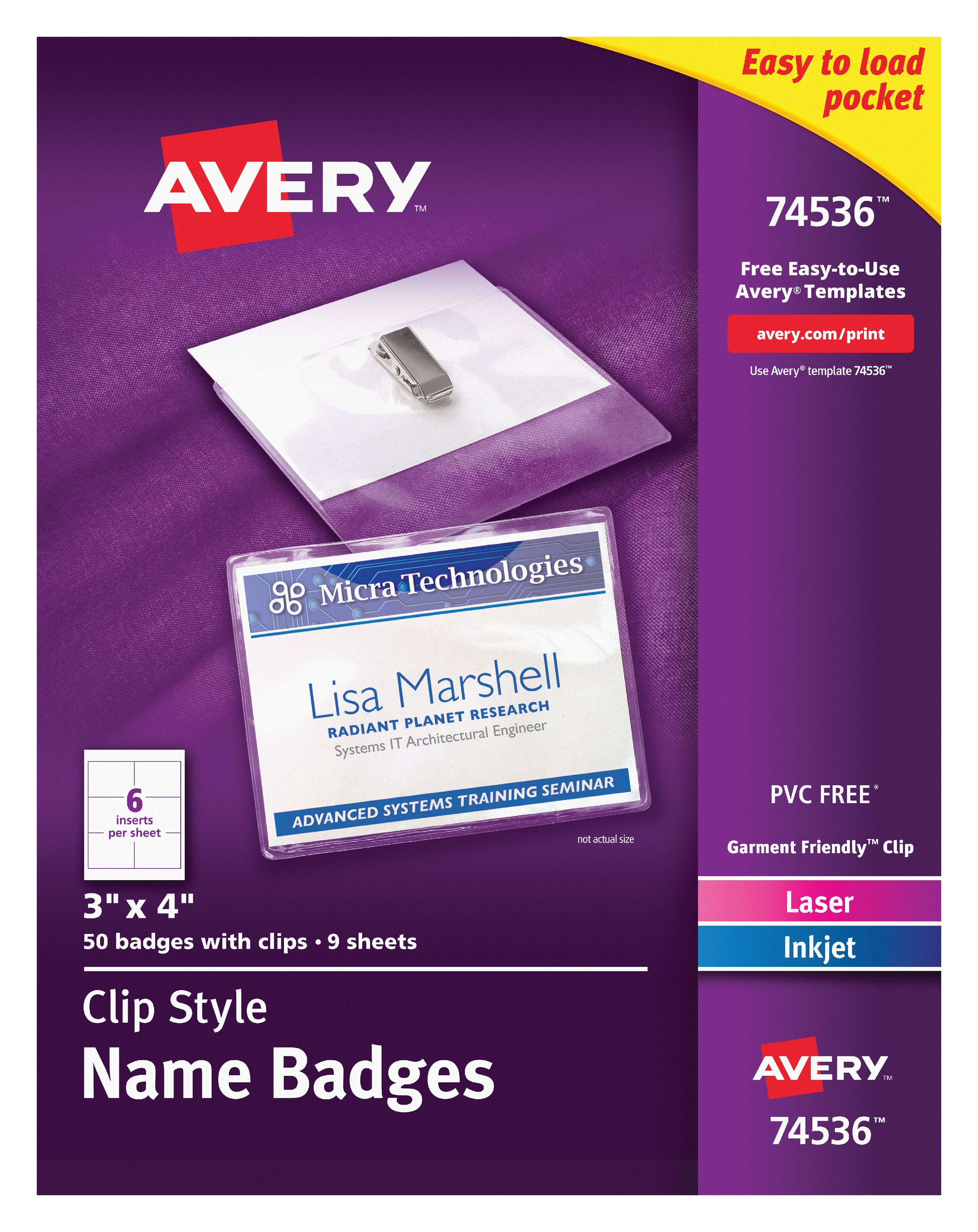 Avery Clip Style Name Badges, 3" x 4", 50 Badges (74536)
