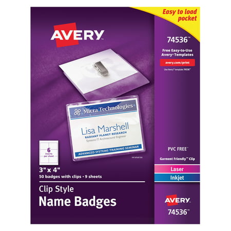 Avery Clip Name Badges, Print or Write, 3