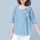 thumbnail image 2 of Vestidos Casuales Para Mujer, Blusas De Mujer De Moda Camiseta de lino y flores bordadas para mujer, de verano, de manga corta, holgada, con cuello redondo, 2 of 4