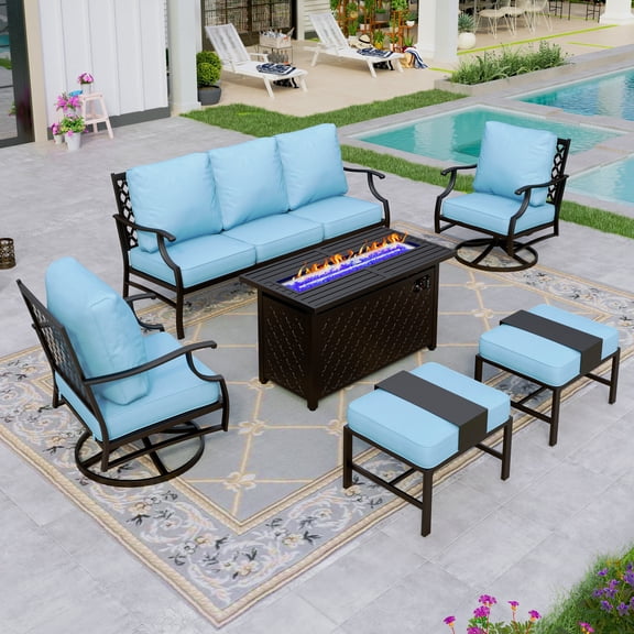 Sophia&William 6 Piece Patio Conversation Set Outdoor Furniture Sofa Set with 45" Fire Pit Table, Ottomans, Blue