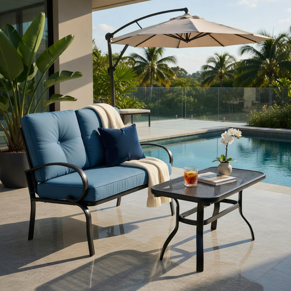 Hommoo 2-Piece Outdoor Patio Furniture Set, Cushioned Steel Loveseat & Coffee Table in Weather-Resistant, Easy-Clean Olefin Fabric, Navy