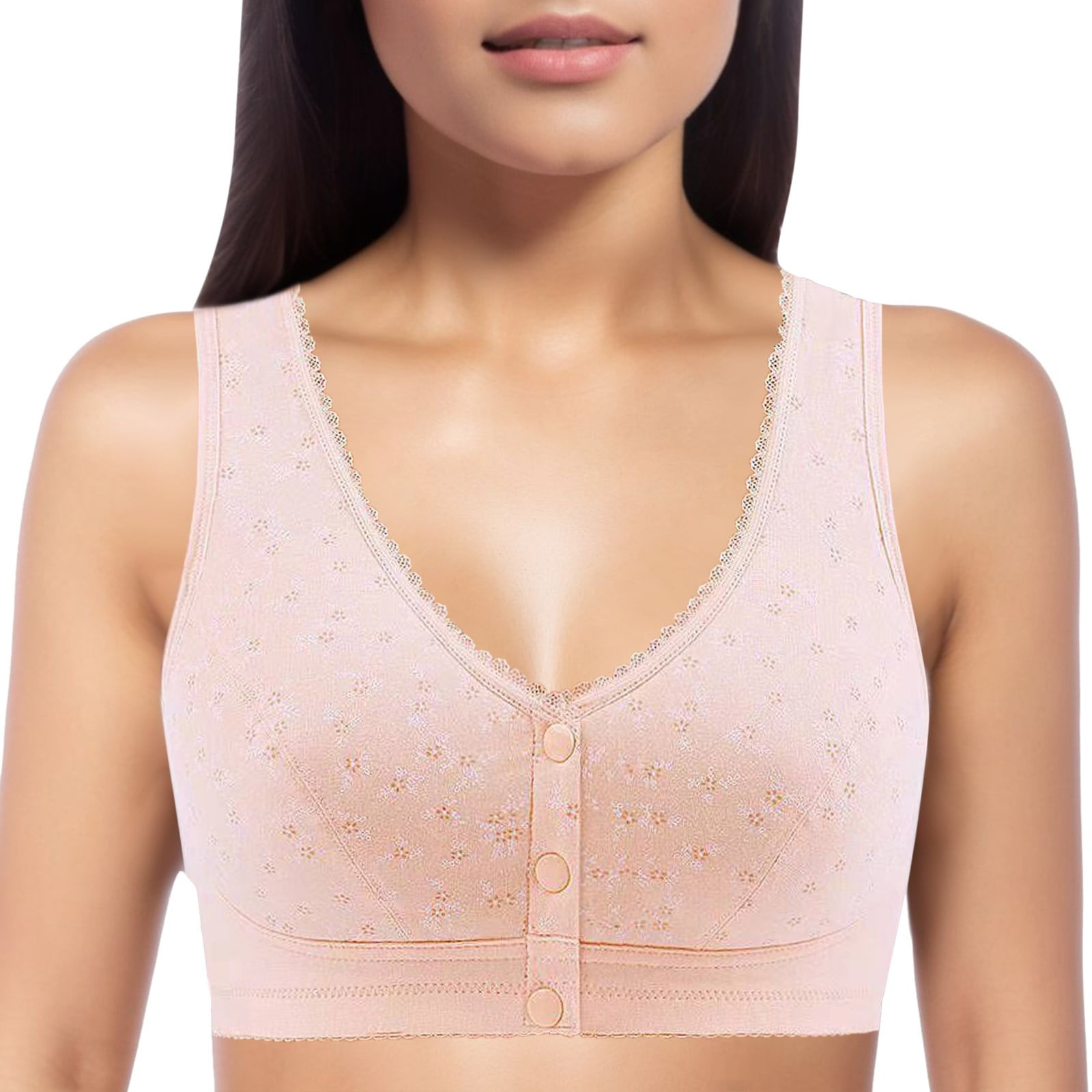 Huowey Bras For Women Solid Color Sports Push Up Bras Wireless Support Front Snaps Closure Breastfeeding Underwear Adjustable Wide Straps V Neck Brassiere,Beige