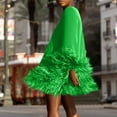thumbnail image 2 of Faux Fur Trim Dress, Solid Color Round Neck Long Sleeve Bodycon Midi Dress, Glamorous Winter Party Dress for Holiday & New Year's Eve Green 3XL, 2 of 5