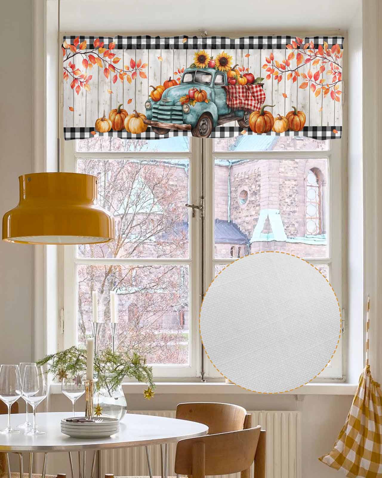 Fall Pumpkin Sunflowers Kitchen Valances for Windows Farmhouse Linen Window Valance Curtain for Living Room Window Treatment Thanksgiving Branch Wood Grain Valance Rod Pocket Topper, 42 x 18 Inch