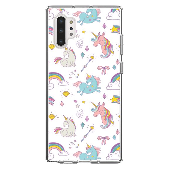 DistinctInk Clear Shockproof Hybrid Case for Galaxy Note 10 PLUS (6.8" Screen) - TPU Bumper, Acrylic Back, Tempered Glass Screen Protector - Unicorn Rainbow Wand Pattern - White