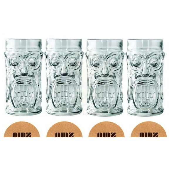 Screaming Tiki Glasses 16 oz Cooler Glass, 4 Pieces, Modern Bar Party Set With Picks by AMZ Empire
