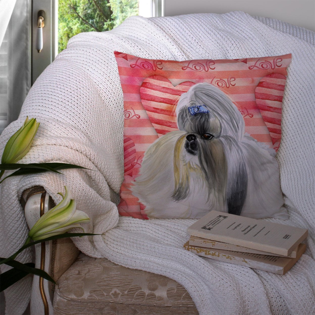 Carolines Treasures BB9753PW1414 Shih Tzu Love Fabric Decorative Pillow 14Hx14W multicolor