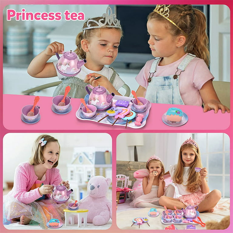 48pc Mermaid Tea Party Set for Little Girls,Birthday Gifts for Age 3 4 5 6  Year Old Girls,Pretend Tin Teapot, Cups, Plates,and Food Sweet Treats