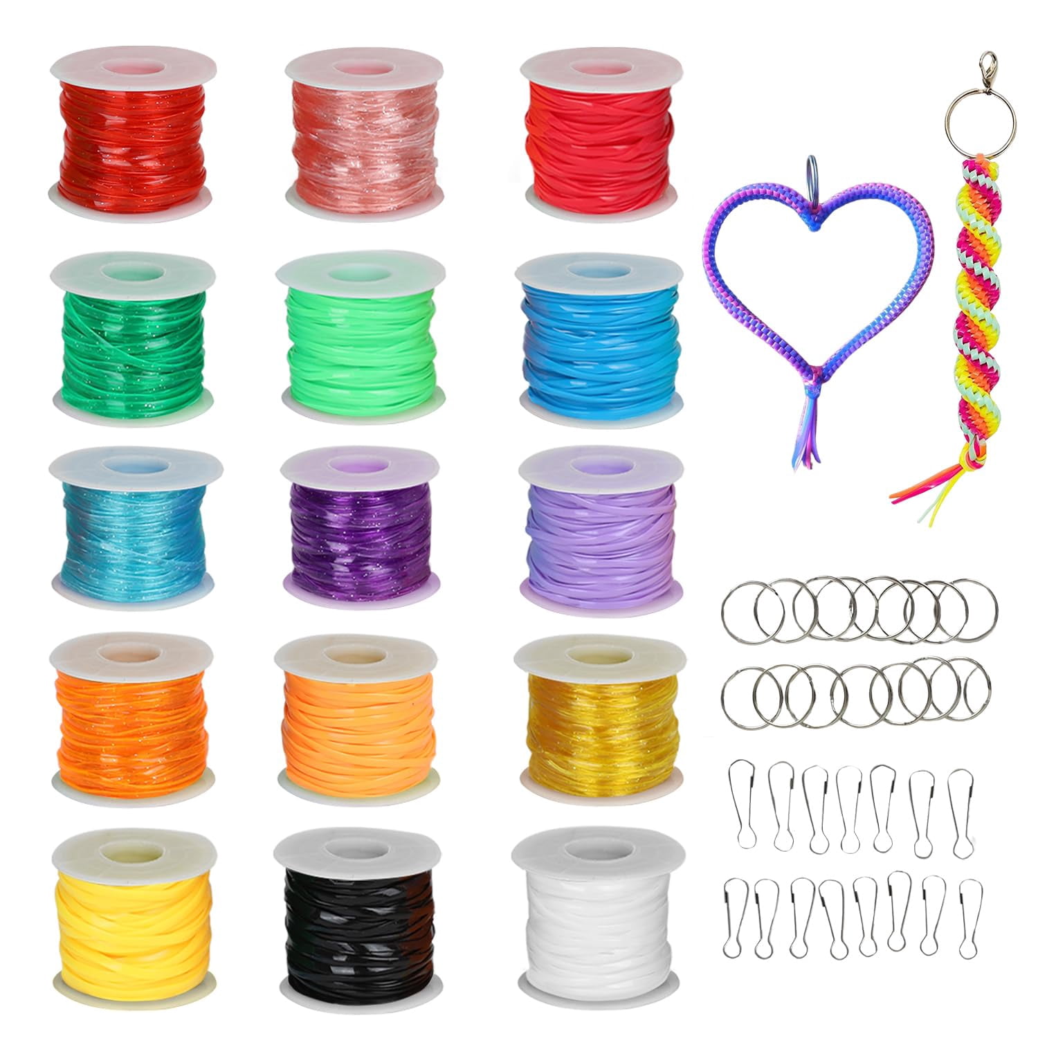 Darice Lanyard Kit - 15 Pack Plastic Gimp String With Assorted Colors - Glitter and Solid Boondoggle for Weaving - Lacing Cord for Bracelets, DIY Keychains, Crafts