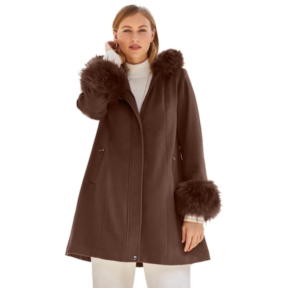 Jessica London Women's Plus Size Hooded Faux Fur Trim Coat